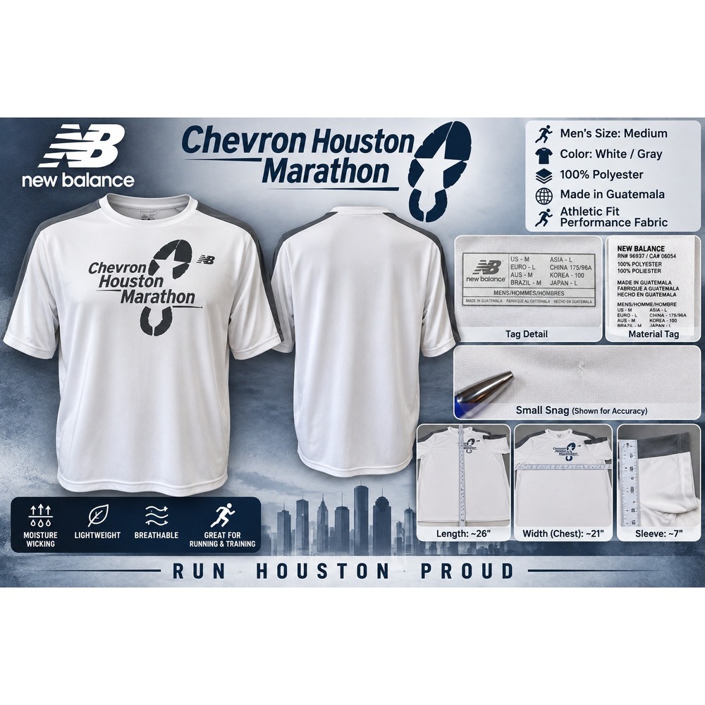 New Balance Mens Chevron Houston Marathon Running Shirt White Gray Medium